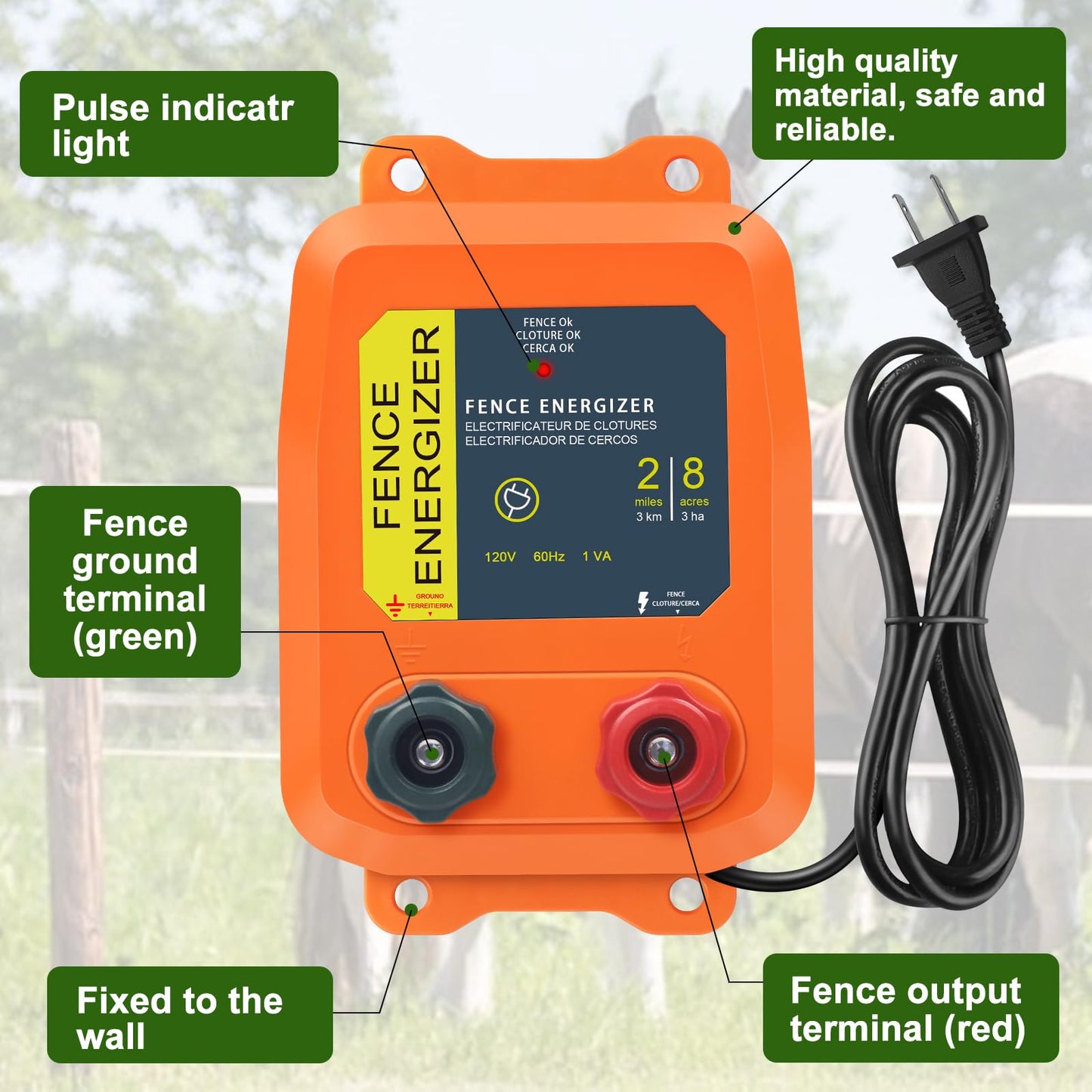 PE2 Electric Fence Energizer, 2-Mile/ 8 Acres Electric Fence Charger,0.1 Joule Livestock Fence Chargers for Containing Dogs, Livestock and Preventing Wild Animals Intruding,Orange