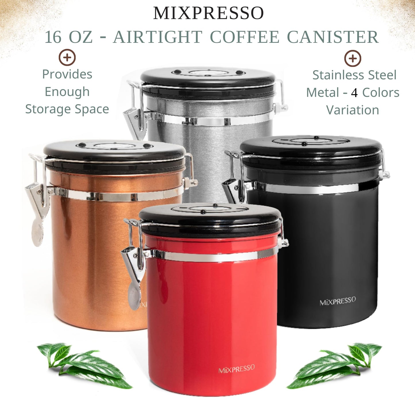 Mixpresso 16 Oz Black Coffee Canister, Stainless Steel Airtight Coffee Container, Air tight Jar Tea Storage with Date Tracker, Vacuum Sealed Espresso Airtight Canister, Sugar Container for Home