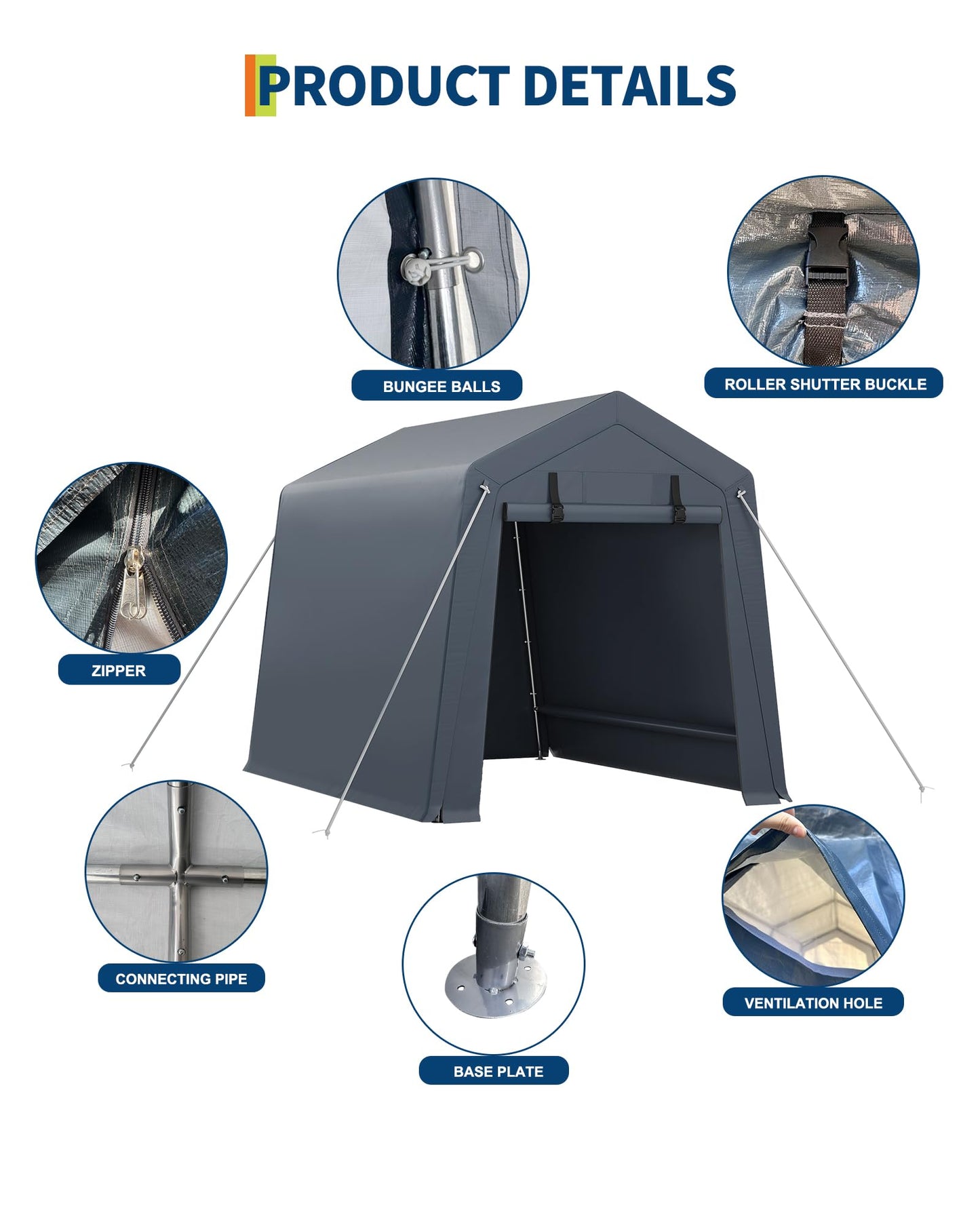 GarveeLife 6x8 FT Portable Outdoor Storage Shed with Roll-Up Zipper Door & Vent, 240G Heavy-Duty Shelter Waterproof PE Tarp, UV-Resistant Carport for Motorcycle, Firewood, Tools -Gray