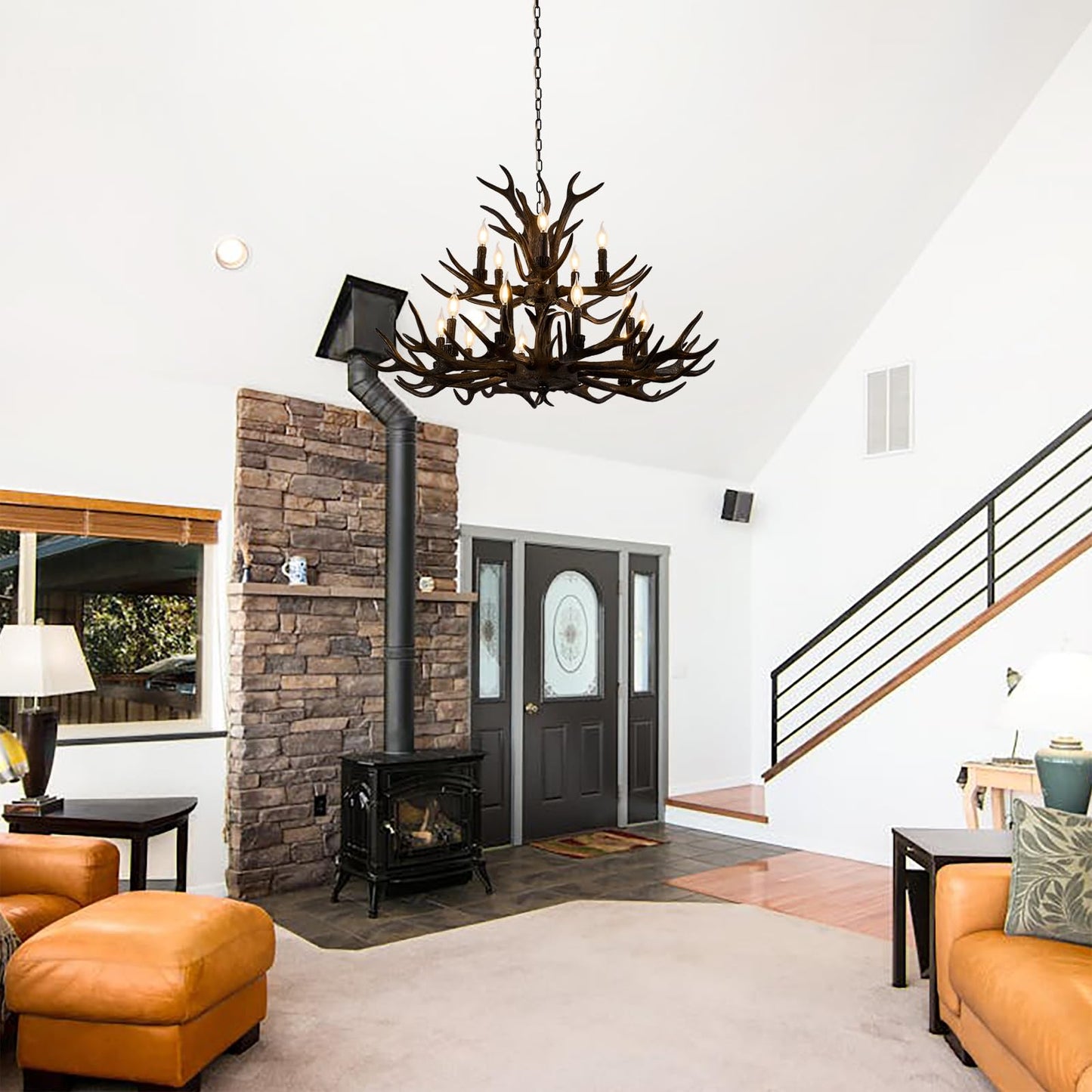 Uboxin Black Antler Chandelier with Brushed Gold, 15 - Light Rustic Farmhouse Ceiling Light, 39.4" Wide Adjustable Height Hanging Chandelier for Living Room, Dining Room, Coffee Shop (15 Lights)
