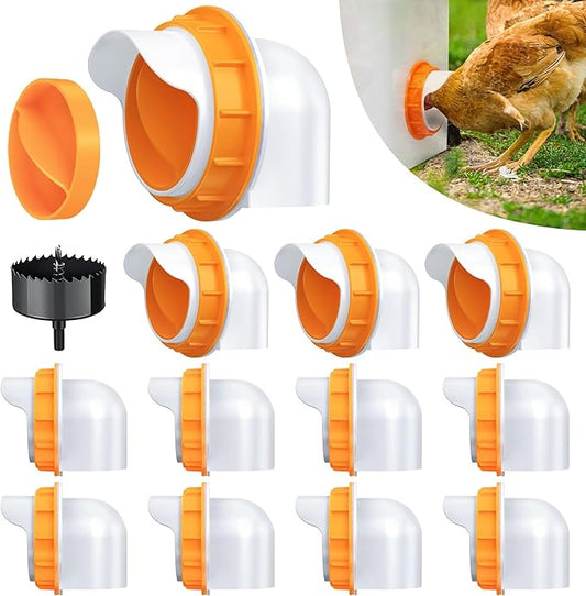 Chicken Feeder No Waste 12 Ports, Automatic 4 inch Poultry Feeder with 12 Covers & 1 Hole Saw, Rain Proof Gravity DIY Chicken Feeders Kits for Buckets, Barrels, Bins (Orange)