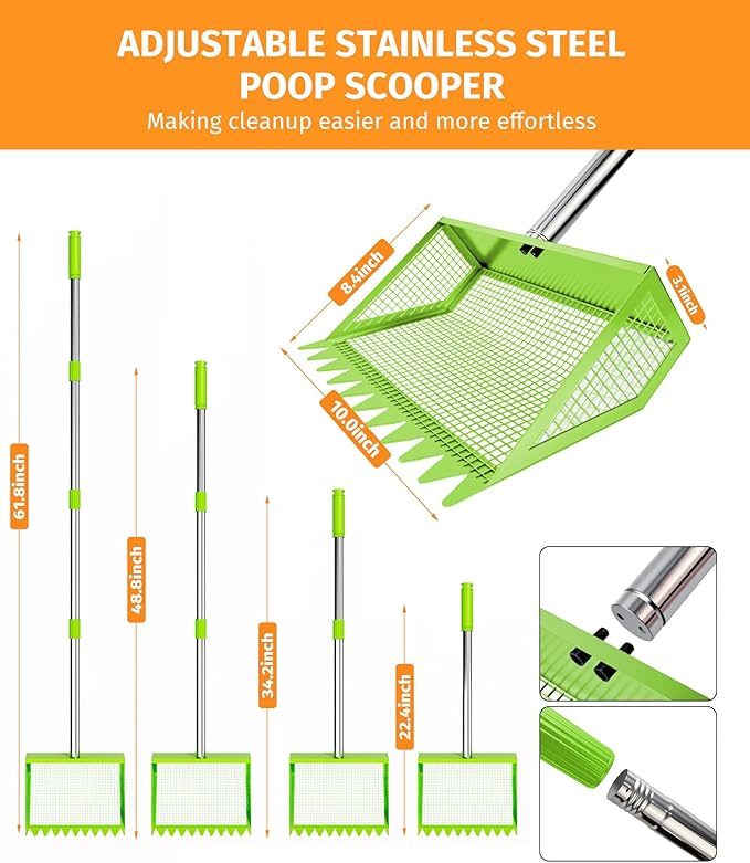 Chicken Poop Scooper & Rake - 2-in-1 Metal Chicken Coop Scoop for Sand with 22 to 62" Adjustable Handle, Litter Sifting Shovel Cleaning Tools for Chicken Run, Animal Farm, Duck Coop, Green
