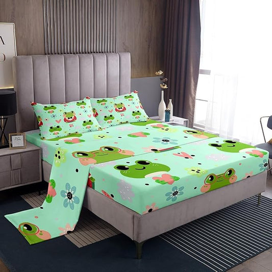 Cartoon Frog Bed Sheets Tropical Amphibian Sheet Set for Kids Boys Girls Toddler Dorm Decor,Cute Flower Love Heart Fitted Sheet + Top Sheet + 1 Pillowcase,Tropical Botanical Animal Bedding Set,Twin
