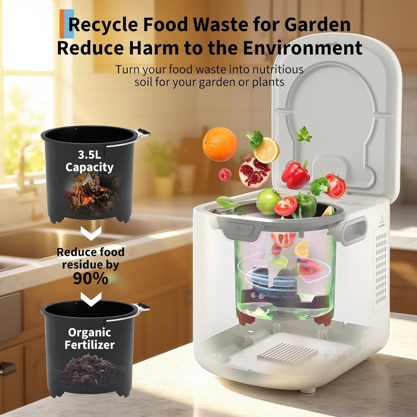 Tioutbot Electric Composter Countertop - 3.5L Kitchen Odorless Compost Bin, 3 Modes Smart Food Waste Compost Machine, Auto Cleaning, LED Display, Low Noise, Food Waste to Fertilizer Conversion