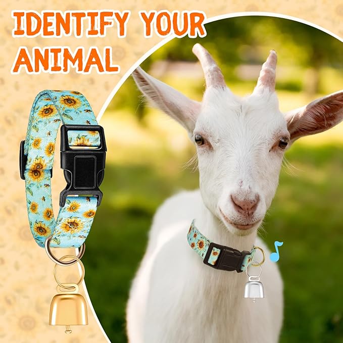 Talltalk 2 Pack Goat Collars with Bells Grazing Copper Bell and Adjustable Nylon Collar Set Loud Bronze Bell for Farm Sheep Cow Sheep Dog Accessories Christmas Thanksgiving Gift(Sunflower)