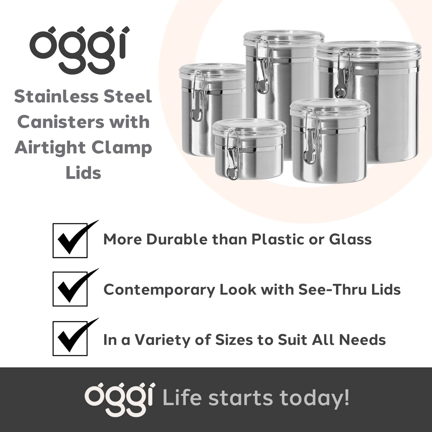 Oggi Stainless Steel Kitchen Canister 152 fl oz - Airtight Clamp Lid, Clear See-Thru Top - Ideal for Kitchen Storage, Food Storage, Pantry Storage. Jumbo Size 8" x 8".