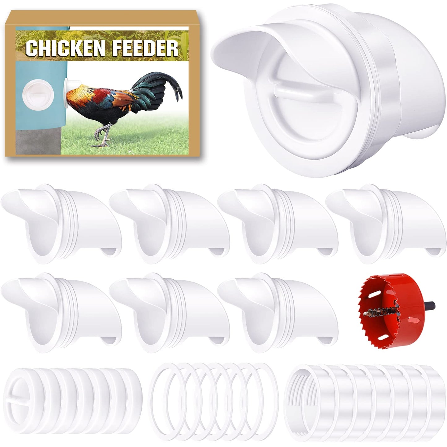 DIY No Waste Chicken Feeder Kit,8 Ports with Covers,Automatic Poultry Feeder for Barrel Bucket Bin Tub,Feeding Chicken Ducks,BPA Free
