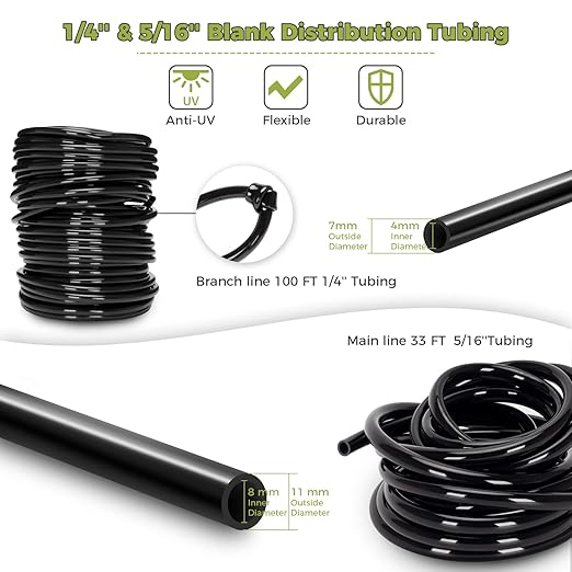 JAYEE 130FT Drip Irrigation Kit - Garden System With Nozzle Emitters, Tubing and Parts - Automatic Watering for Potted Plants, Greenhouse, Lawn