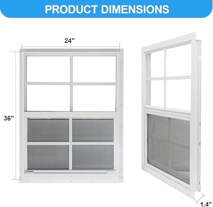 NeatiEase 2 Pack Shed Window, 24" x 36" Flush Mount Window with Tempered Glass and Fiberglass Screen for Shed, Chicken Coop, Playhouse, Household, Garage