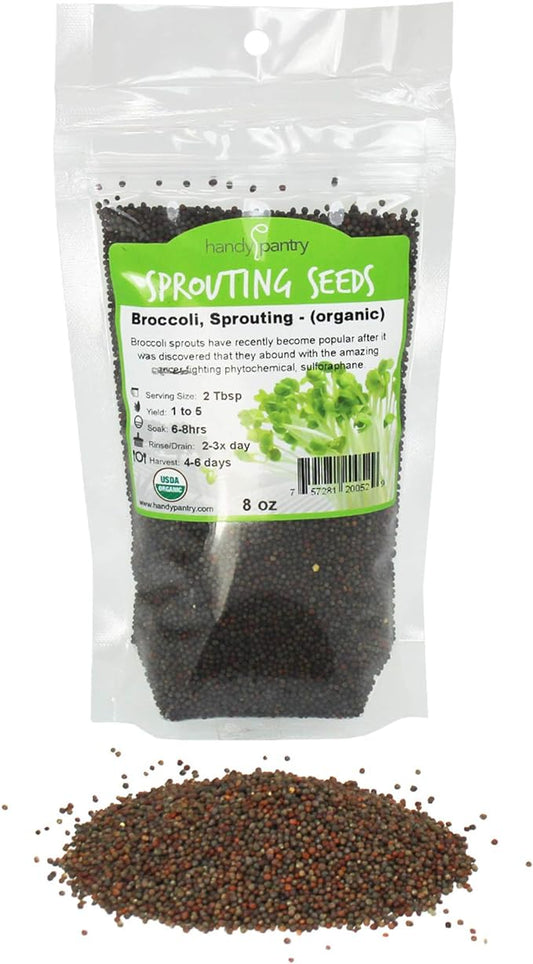 Organic Broccoli Sprouting Seeds by Handy Pantry | 8 oz. Resealable Bag | Non-GMO Broccoli Sprouts Seeds, Contains Sulforaphane