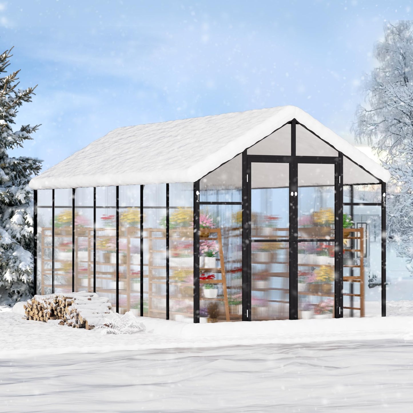 VEVOR Polycarbonate Greenhouse, 8 x 14 Ft, Outdoor Greenhouse with 2 Vent Windows, Pavilion Styled Greenhouse with Hinged Door, Aluminum Large Walk-in Greenhouse Kit for Outside Garden Backyard