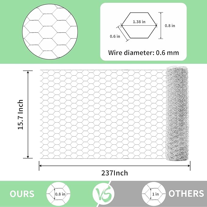 Chicken Wire 15.7 in x 237 in Poultry Wire Netting Hexagonal Galvanized Mesh Garden Fence Barrier for Pet Rabbit Chicken Fencing