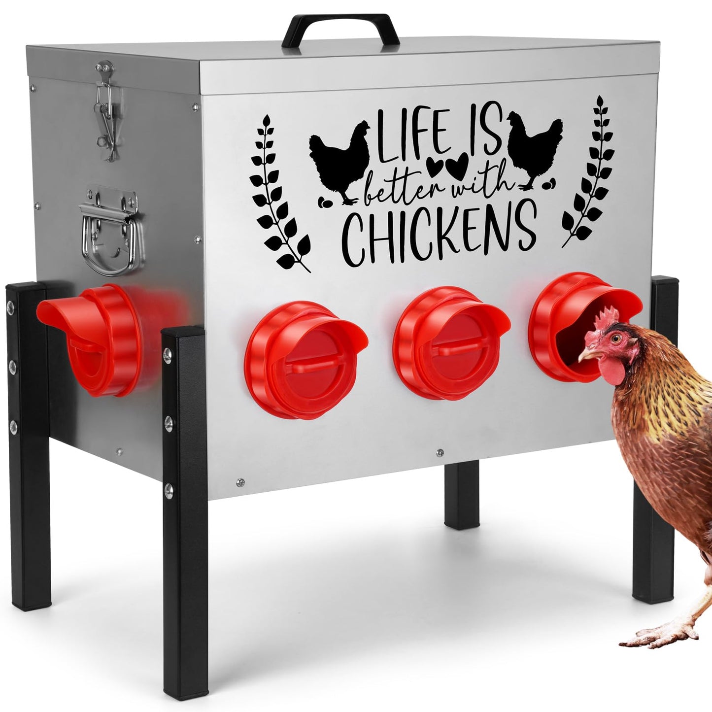 TGEYD 50LB Large Automatic Chicken Feeder – 8 Feeding Ports, No-Waste Poultry Feeder, with Adjustable Legs & Locking Lid