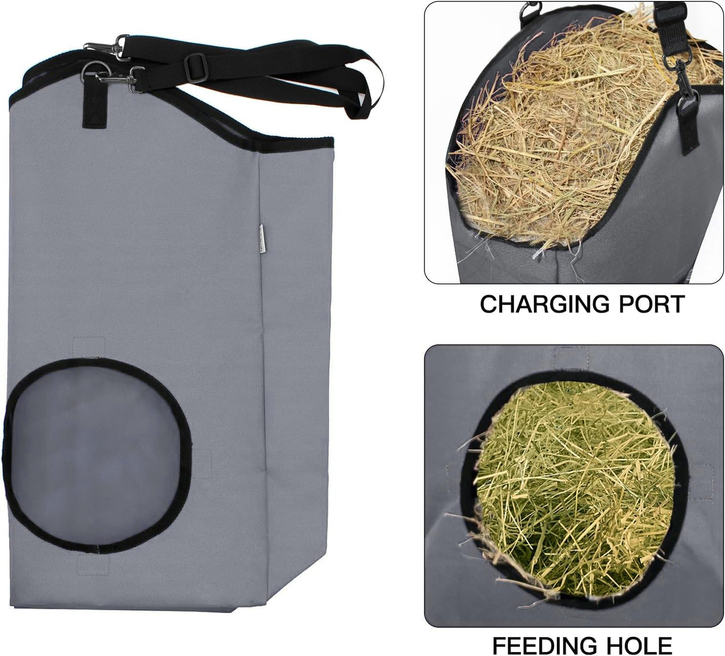 MIYABALA 3 Packs Goat Hay Feeder,Hay Bags for Goats,Horses,Sheep,Premium 600D Oxford Cloth,with Metal Fastener and Adjustable Open Feed Hole for Slow Feeding. (1 Black+2Grey)
