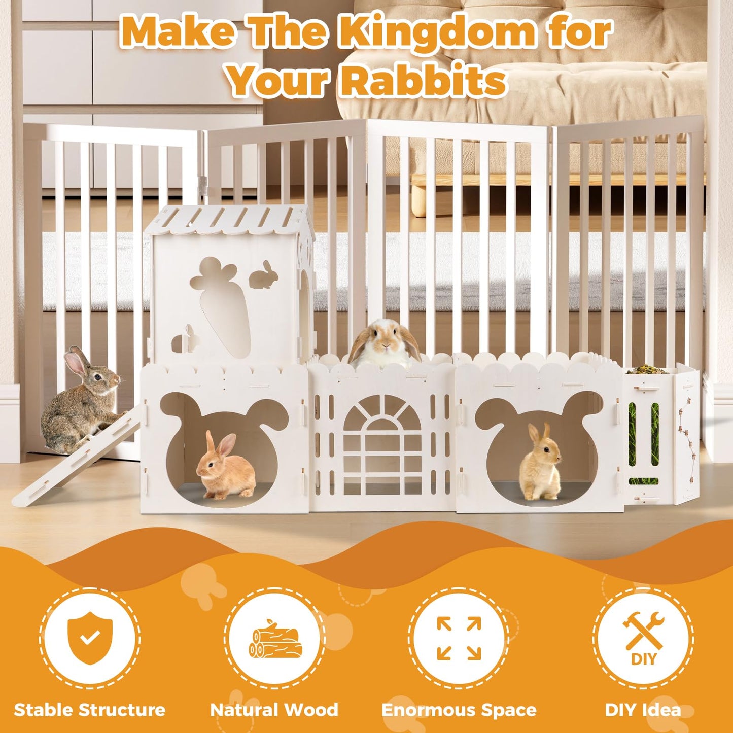 Extra Large Rabbit House, Wooden Bunny House Hideout with 4 Houses and Hay Feeder Indoor, Rabbit Guinea Pig Hideout Multistory Climbing Tower Sturdy Wooden Castle, Small Animal Hideaway Tunnel