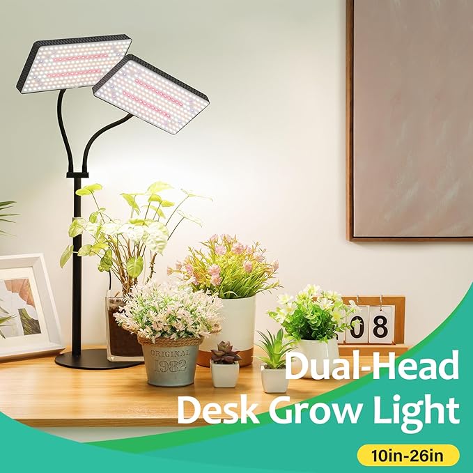 LBW Upgraded Desk Grow Lights for Indoor Plants, Dual-Head 428 LED Tabletop Full Spectrum Grow Light, with 3/6/12H Timer, 6 Brightness Levels, 3 Lighting Modes, Height Adjustable for 10-26 inches