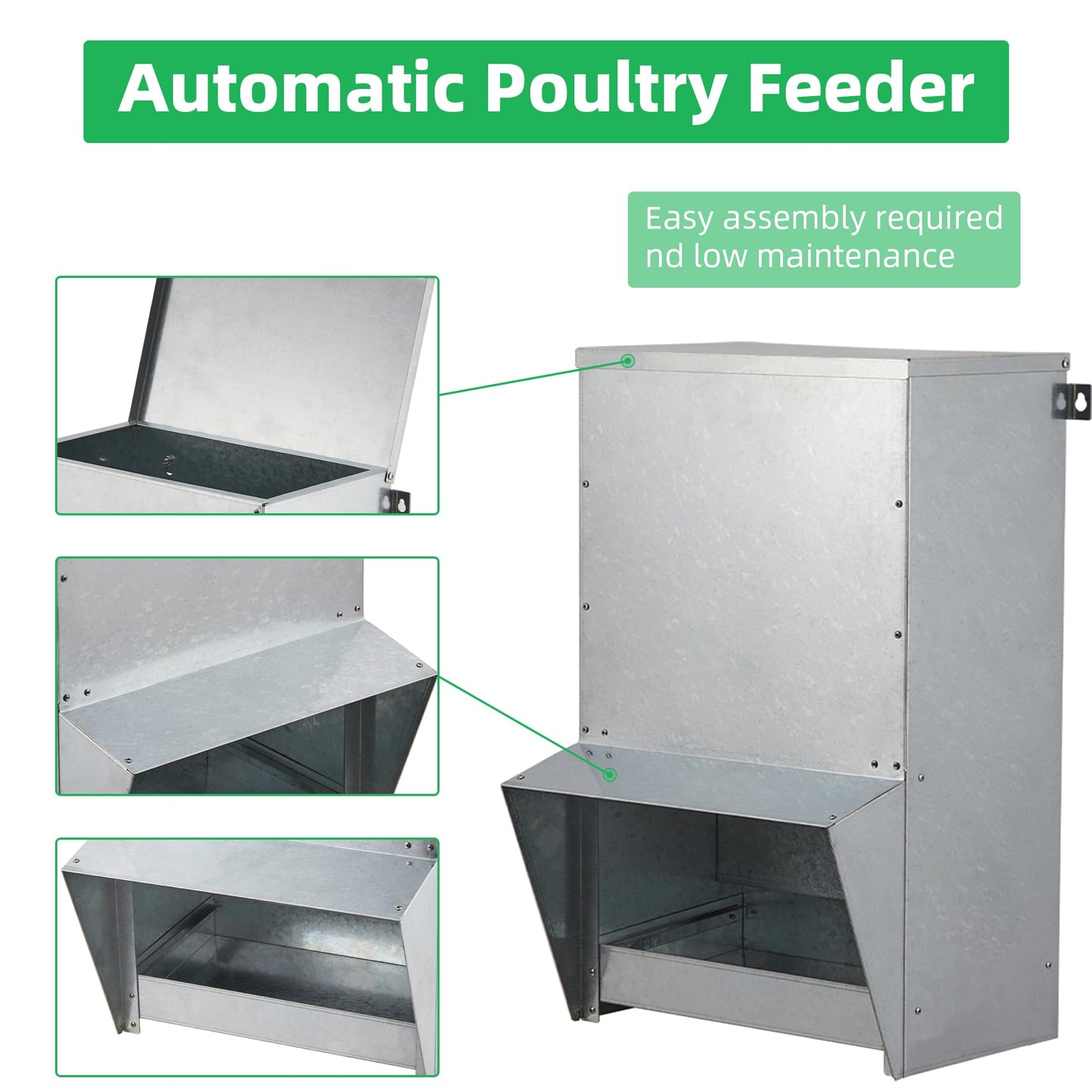 Domenow Galvanized Chicken Treadle Feeder, Poultry Feeder, 50lbs Automatic Chicken Feeder with Sides Buffer System, for 30-40 Chickens