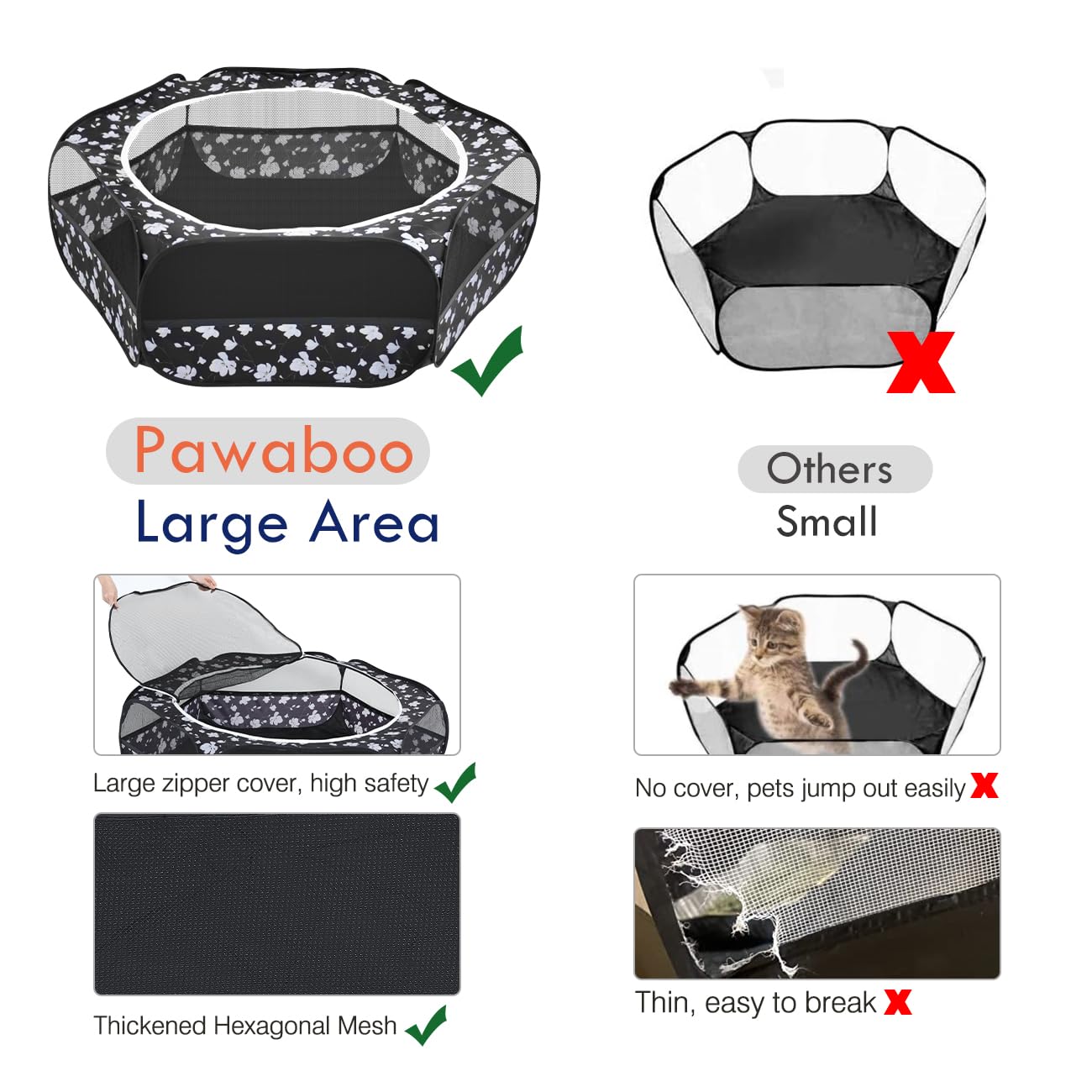 Pawaboo Small Animals Playpen, Waterproof Small Pet Cage Tent with Zippered Cover, Portable Outdoor Yard Fence with 3 Metal Rod for Chick/Kitten/Puppy/Guinea Pig/Rabbits/Hamster/Chinchillas, Magnolia