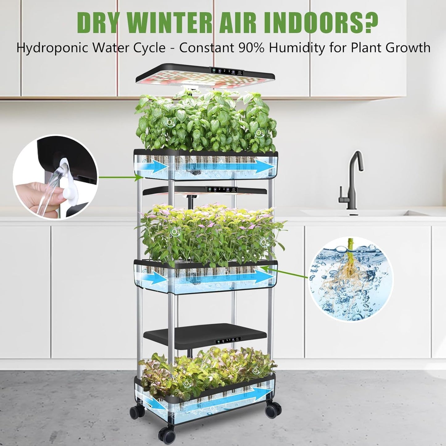 DRYADES 66-Pod Indoor Hydroponic Growing System + 3 Free Seeds Starter Kit (Lettuce, Salad Mixed, Basil Seeds) – Dual 53W Full-Spectrum LED, 10-L Water Tank, 3-Tier Grow Pods