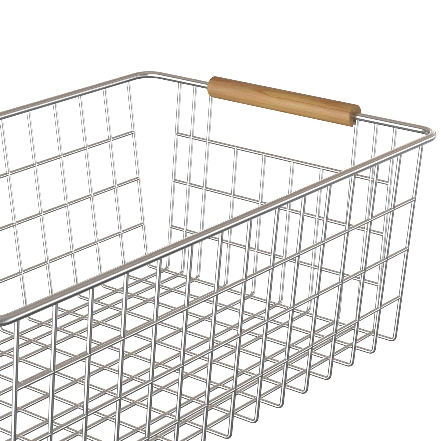 YOUVIP 3 Pack Wire Storage Baskets for Organizing,Household Pantry Storage Freezer Baskets with Wooden Handles,Metal Storage Baskets for Bathroom, Laundry, Garage，Sliver
