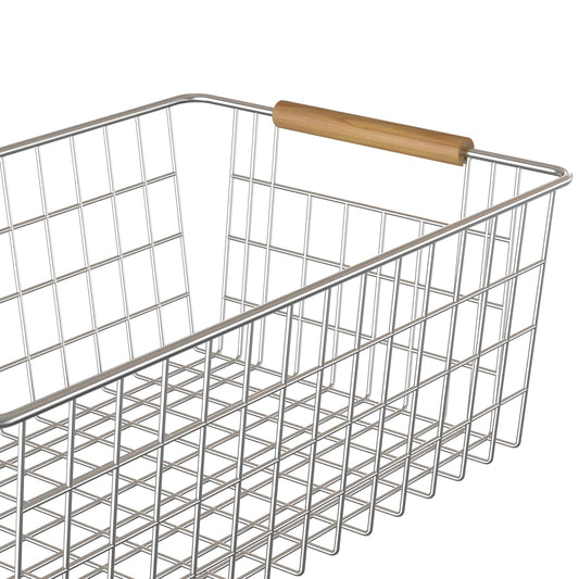 YOUVIP 3 Pack Wire Storage Baskets for Organizing,Household Pantry Storage Freezer Baskets with Wooden Handles,Metal Storage Baskets for Bathroom, Laundry, Garage，Sliver