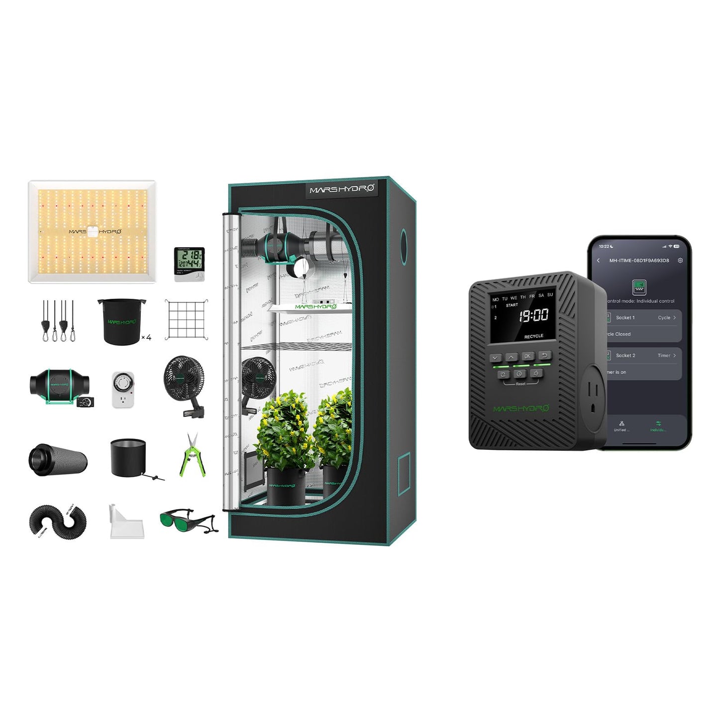 MARS HYDRO 3x3 Grow Tent Kit Complete System and ITime 2-in-1 Smart Timer Outlet Dual Outlet App Control Custom Programmable 12 On/Off for Home Office and Plant Growth Use