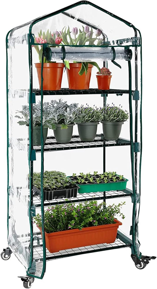 Worth Garden Upgraded 4 Tier Mini Greenhouse w/ Castors Wheels - Portable Small Gardening Green House w/ Clear PVC Cover - Heavy Duty Swivel Castors w/ Brakes - 65''H x 27''L x 19''W Indoor & Outdoor
