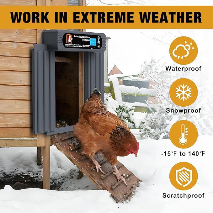 Automatic Chicken Coop Door, Anti-Pinch Protection, Extra Large Size, Programmable Timer & Light Sensor Modes, LCD Display, Solar Powered Auto Chicken Door Opener with Remote Control