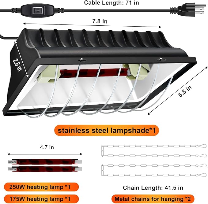 Chicken Coop Heating Lamp Brooder 250W, Adjustable Heating Temperature and Hanging Height, with Aluminum Alloy Lampshade, Suitable for Poultry Indoor Heater (Black)