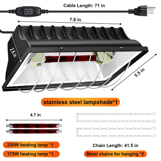 CERISURIO Chicken Coop Heating Lamp Brooder 250W, Adjustable Heating Temperature and Hanging Height, with Aluminum Alloy Lampshade, Suitable for Poultry Indoor Heater (Black)