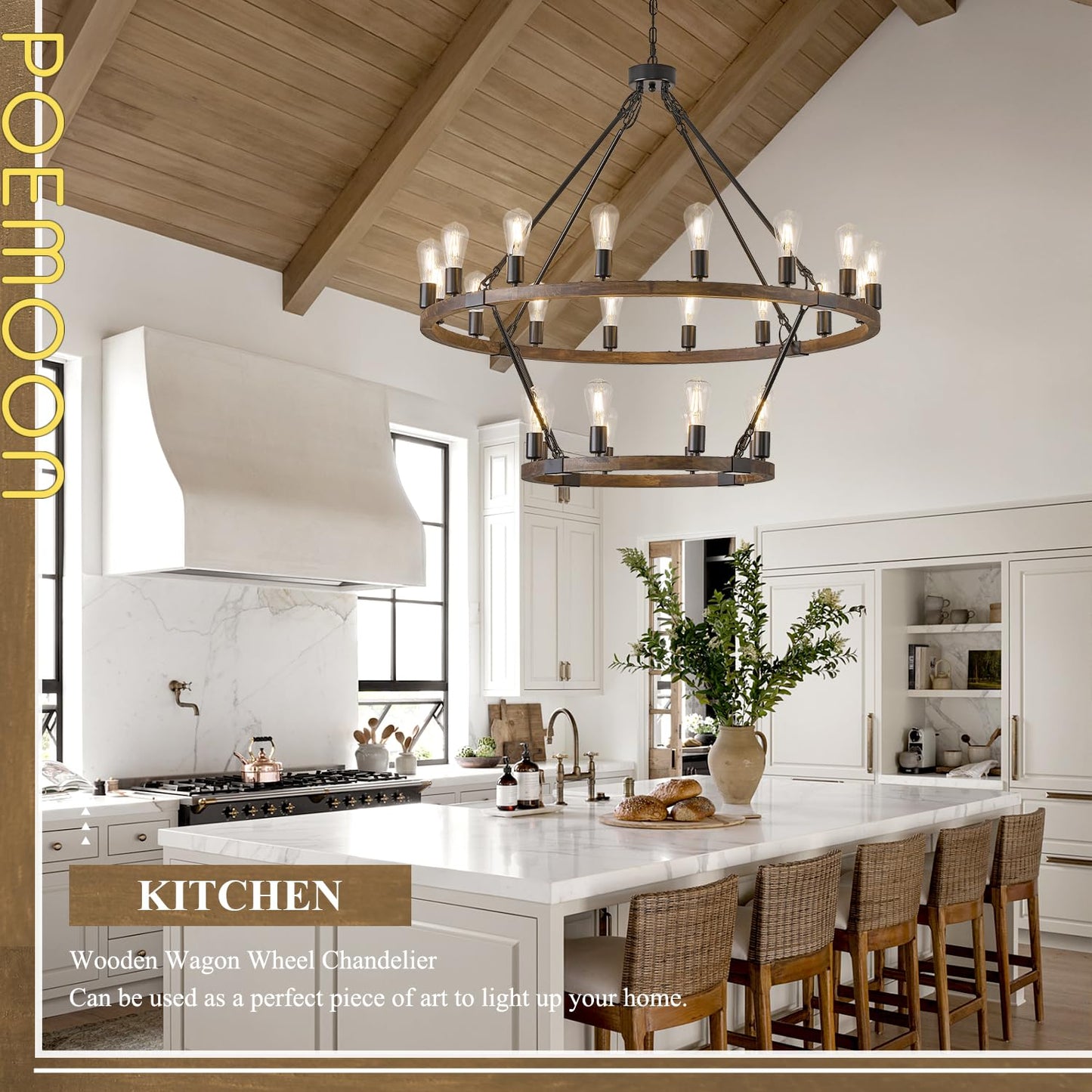 Poemoon 2 Tier Wooden Wagon Wheel Chandelier 43.3'' Farmhouse 24 Lights(16+8) Black Rustic Light Fixture 2-Story Round Wood Chandelier for High Ceiling Living Dining Room Foyer Villa