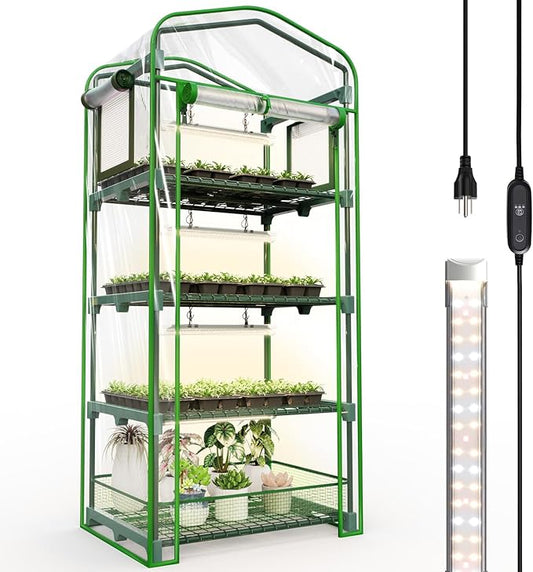 Bstrip Indoor Greenhouse with Grow Lights, PVC Tent with Waterproof Base Mat, Airflow Windows&Zippered Door, 4Pcs Grow Lights for Seed Starting with Timer, 4-Tier Greenhouse Shelf 27.2x19.3x61.8in