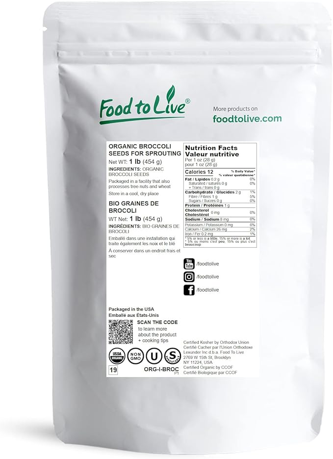 Food to Live Organic Broccoli Seeds for Sprouting, 1 Pound – Non-GMO, Vegan, Kosher, Sirtfood, Bulk. Rich in Sulforaphane, Vitamin C. Grow Sprouts, Microgreens for Salads, and Sandwiches