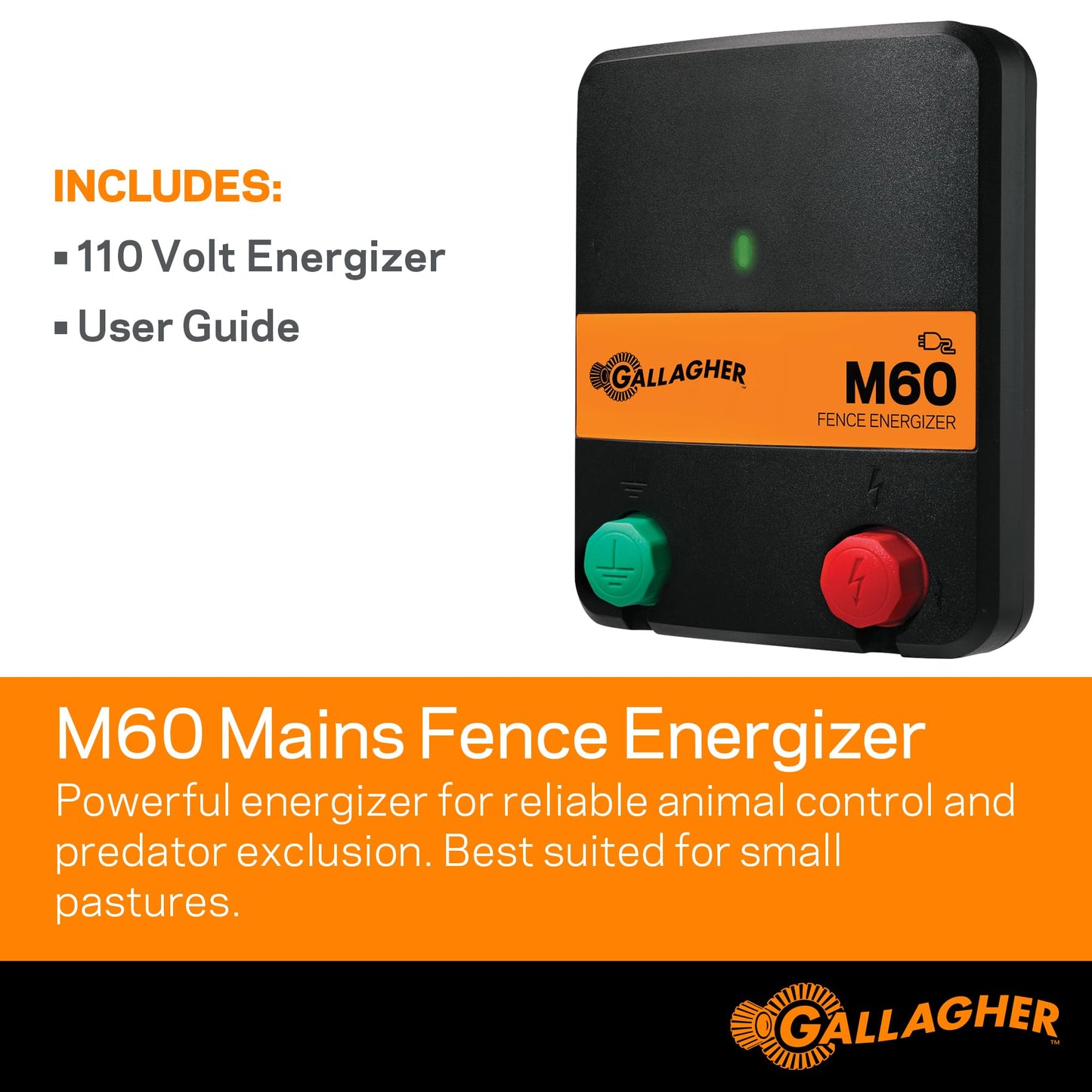Gallagher M60 Electric Fence Charger | 110V Plug-in Energizer for Up to 20 Acres or 5 Miles | Low-Impedance Fencer for Livestock, Poultry, and Gardens | Compact & Reliable Power Source