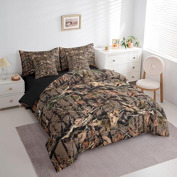 Feelyou Tree Branches 7 Pieces Bedding Set, for Kids Wild Hunting Leaf Bed Set Full Size Botanical Tree Bed in a Bag with Comforter, Sheets, Pillowcases Bedroom Decor Nature Theme Dark Brown