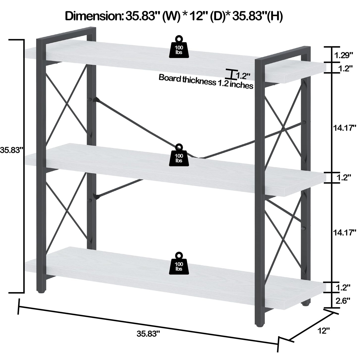 HCHQHS Bookshelf, 3-Tier Industrial Bookcase, Open Book Shelf, Freestanding Horizontal Bookshelves with Metal Frame