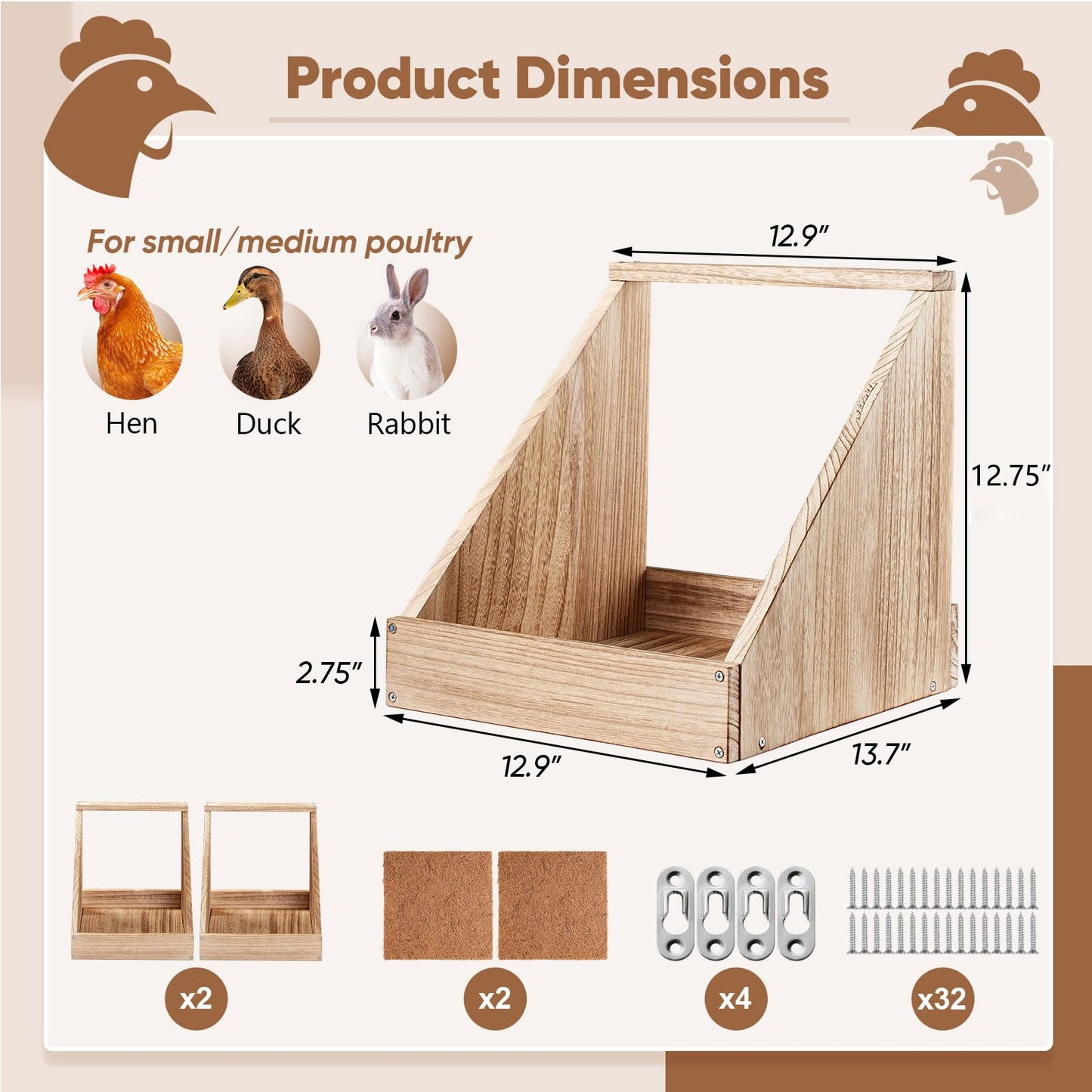 Chewoof 2 Pack Chicken Nesting Box, Wooden Chicken Coop, Chicken Coop Accessories, Chicken Laying Nest Box for Poultry Farm, Poultry Nesting Boxes with Nest Box Pads