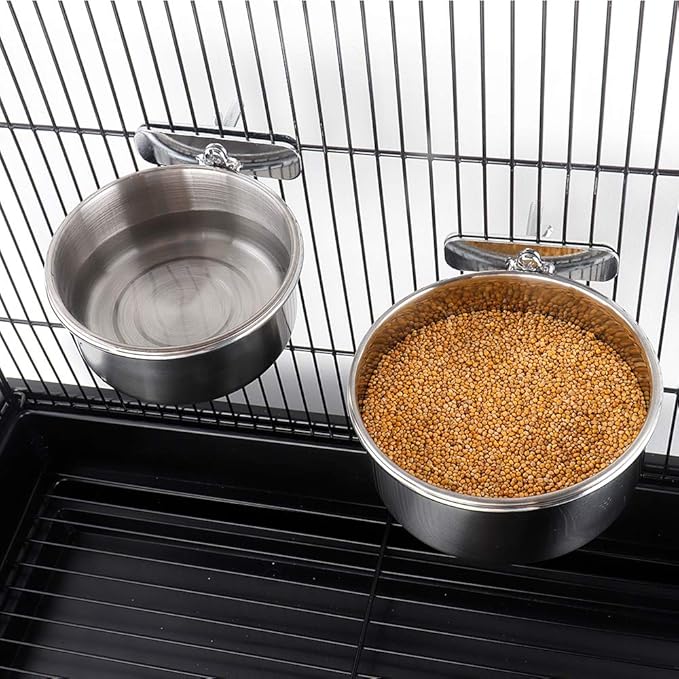 2-Pack Bird Parrot Feeding Cups with Clamp, Stainless Steel Food Water Bowls Dish for Small Animal, Chinchilla, Ferret, Cockatiel, Conure, Parakeet