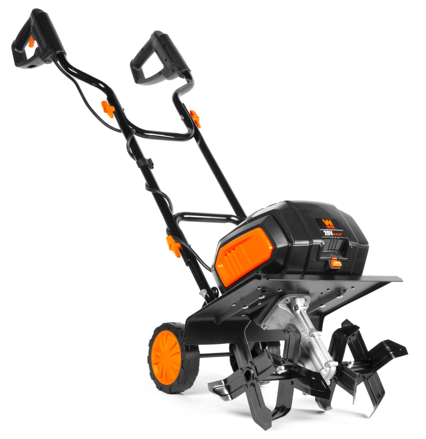 WEN 20V Max Cordless 14-Inch Brushless Electric Tiller with Two 4.0 Ah Batteries and Dual-Port Charger (20724)