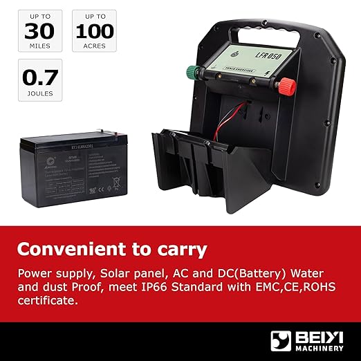 Solar Electric Fence Charger - 0.65 Joules 35 Mile Range Portable Solar Powered Electric Fence Charger, Integrated Machine for Livestock and Garden Protection