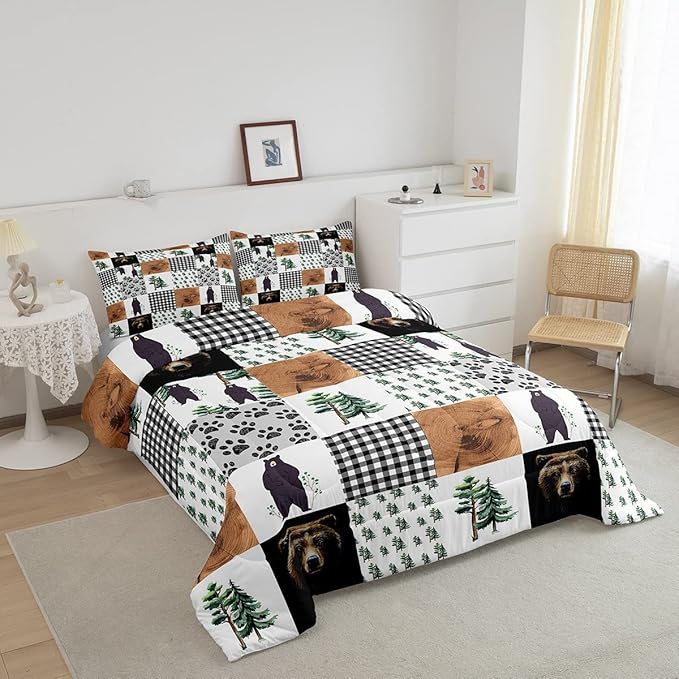 Kids Rustic Black Bear Comforter Set King Woodland Animal Bedding Set For Boys Teen Men,Patchwork Black White Grey Buffalo Plaid Comforter Farmhouse Wooden Pine Tree Bear Paw Quilt Duvet 3 Pcs