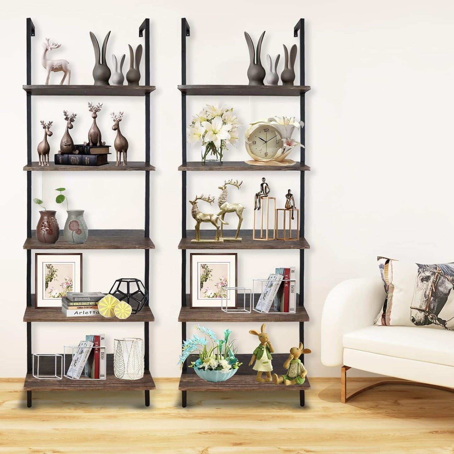 Wolawu 5 Tiers Ladder Shelf 2-Piece Black Modern Tall Bookshelf Open Large Tall Wall Mount Storage Bookcase Standing Leaning Wall Shelves Industrial Decorative (Brown)