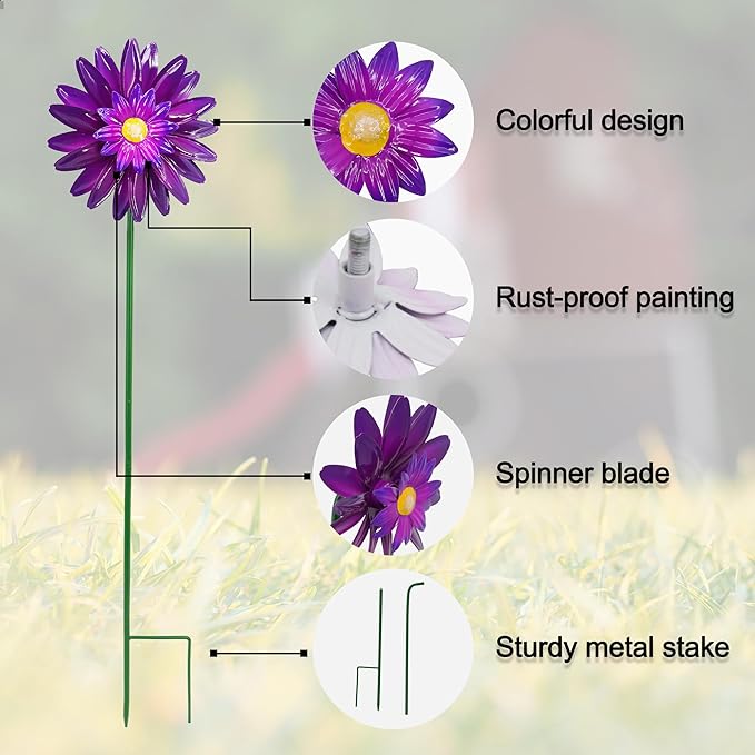Metal Flower Wind Spinner Garden Lawn Stakes Yard Art, 27inch Lawn Windmill Ornaments Outside Garden Decorations Outdoor for Yard, 5pieces Windmill Gardening Porch Outdoor Summer Decor