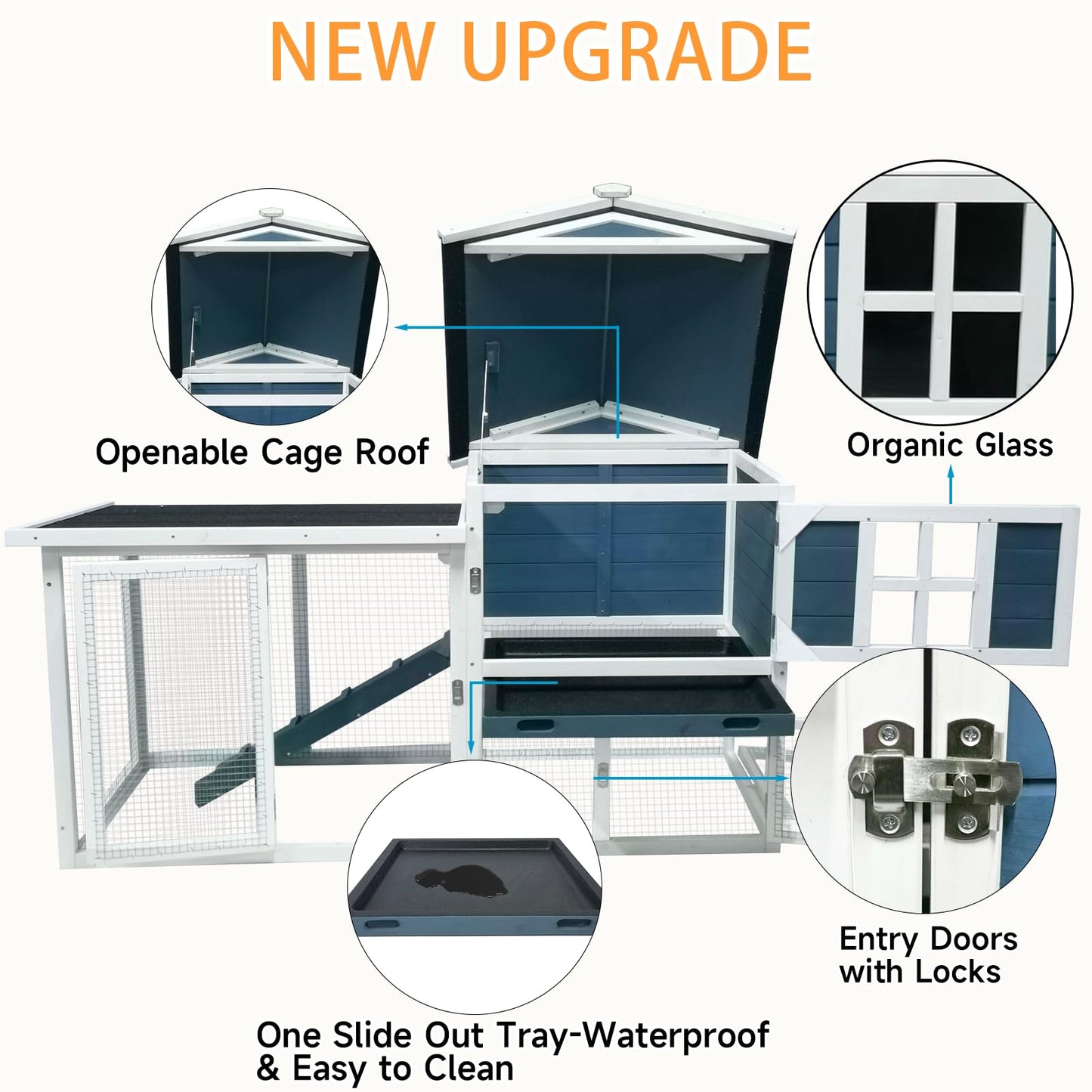 Large Outdoor Rabbit Hutch Weatherproof 2-Story Chicken Coop & Bunny Cage, Wooden Indoor/Outdoor Pet House with No-Leak Tray, Waterproof Roof & Pull-Out Tray (56.8" L x 34.7" H, Grey Blue&White)