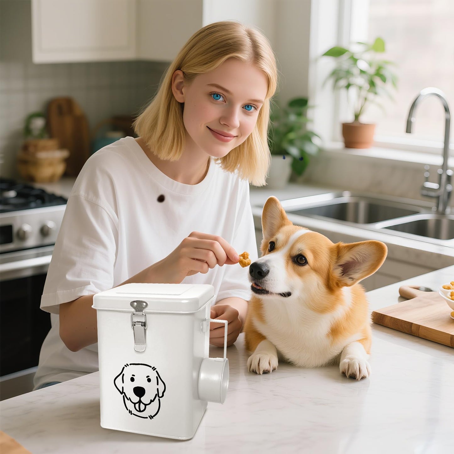 HHGFCLTRS Dog Food Storage Container Airtight Dog Treat Container Pet Food Storage Containers Dog Treat Jar Tinplate Dog Treat Bin White
