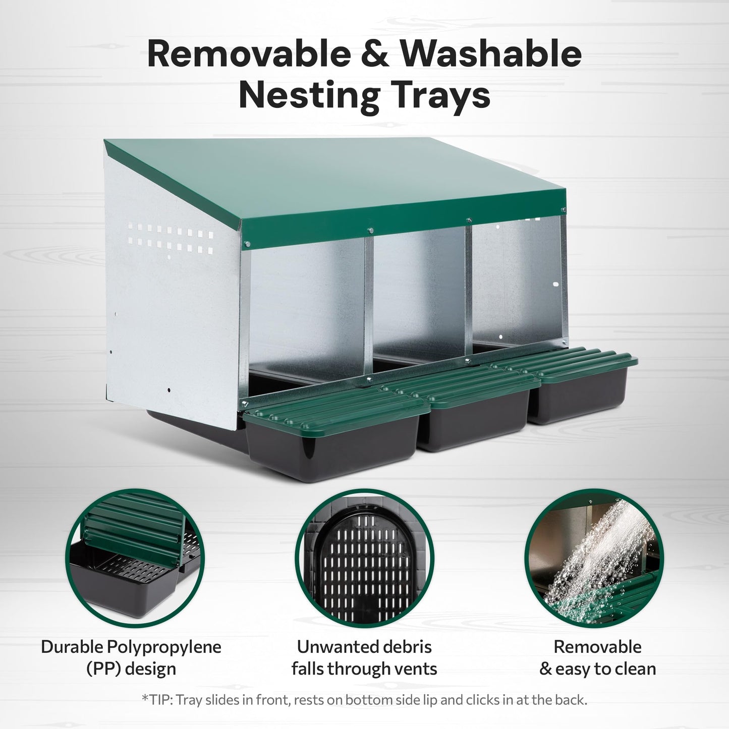 Homestead Essentials Compact Style 3 Compartment, Forward Rollout & Rollaway, Hen & Chicken Nesting Box with Protective Egg Laying Collection Lids