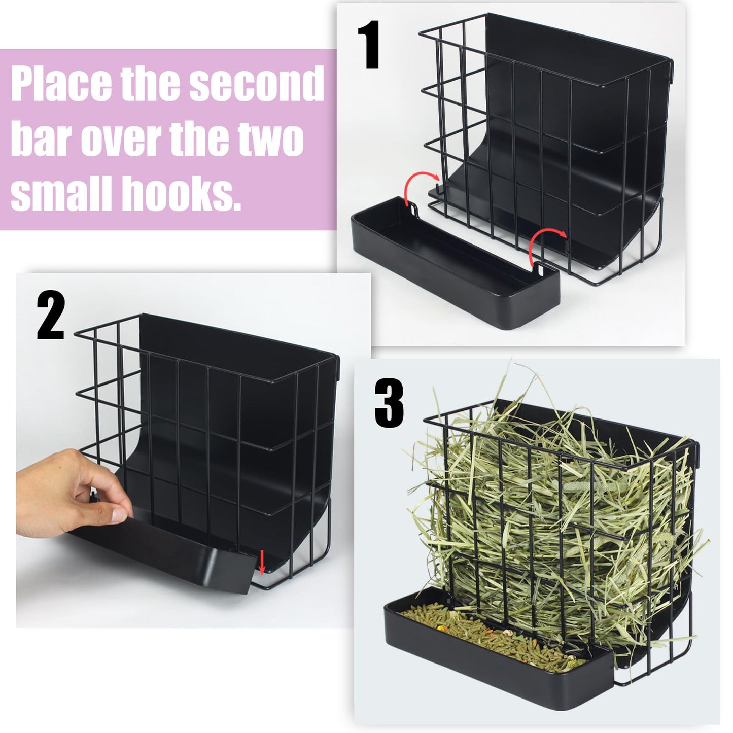 Rabbit Hay Feeder Guinea Pig Hay Holder with Hook Heavy-Duty Metal,Internal Sloping Design，Hay Feeder for Bunny,Rabbit，Chinchillas,Comes with Two Multifunctional Zippers