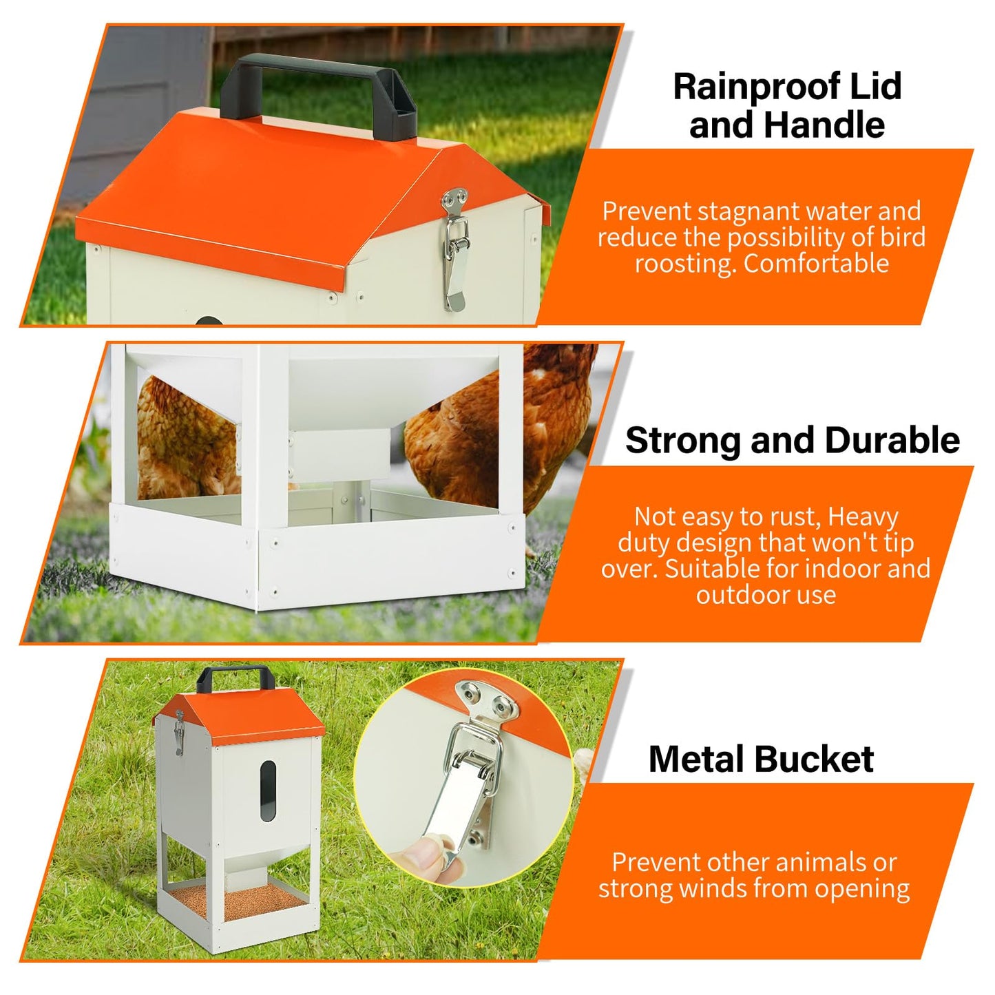 Galvanized Wall Mount Chicken Feeder No Waste Hanging Chicken Feeder with Lid Metal Automatic Poultry Feeder Trough Food Dispenser No Spill Mess Free for Chicken Duck Quail Geese Turkey