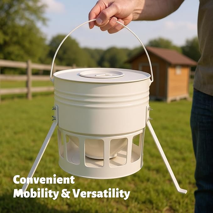 KOL Metal Chicken Feeder - 20lbs Ground Poultry Feeder with 12 Ports, Powder Coated Rust-Proof Design & Smooth Edges for Safe Feeding (Jade White)