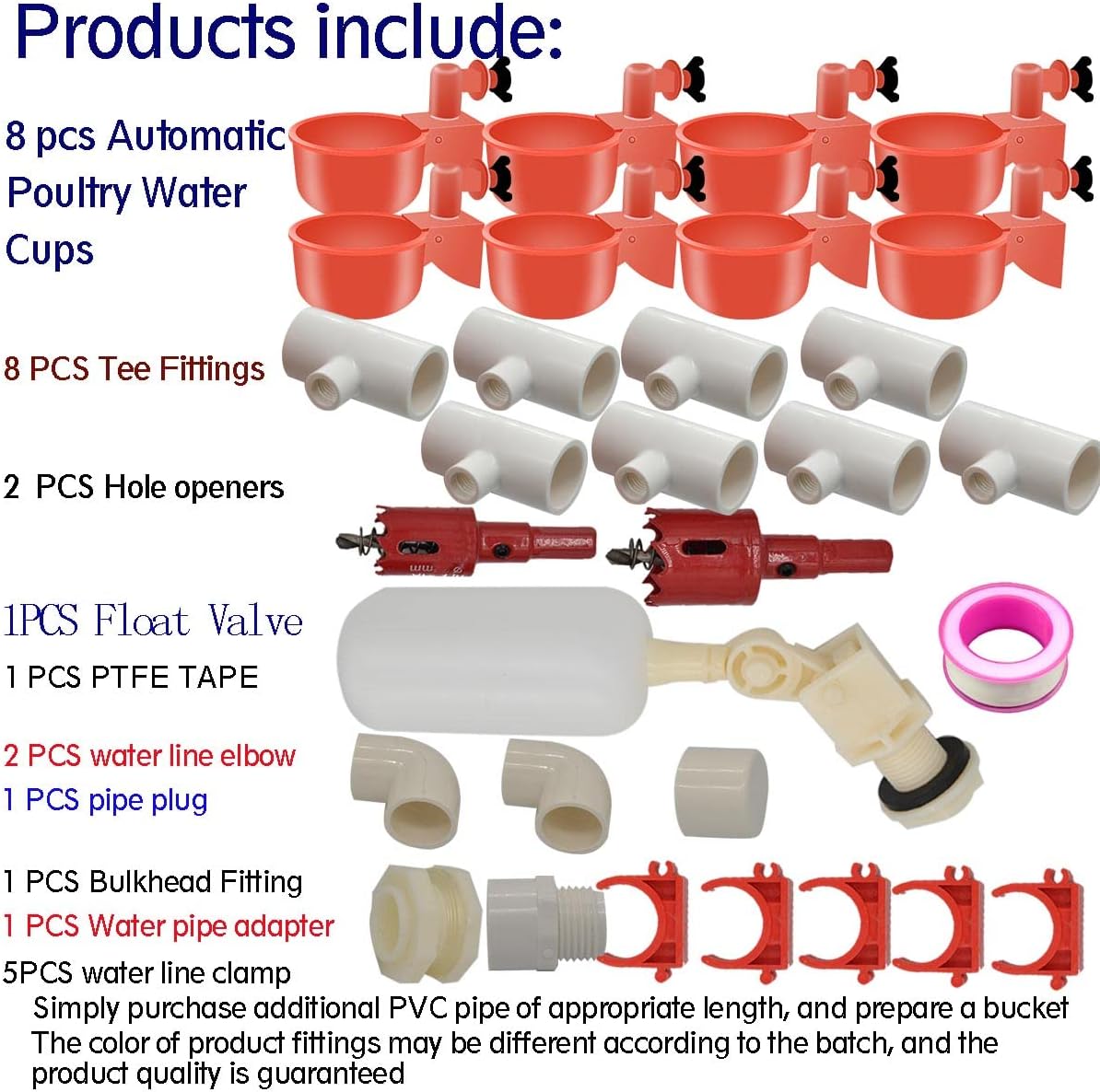 Complete Set Pipeline Automatic Chicken Nipple Waterer Cups and 1/2" PVC Tee Fittings Pipe Feeder Poultry Waterer Chicken Waterer pourtly Water Cup Durck Watering System